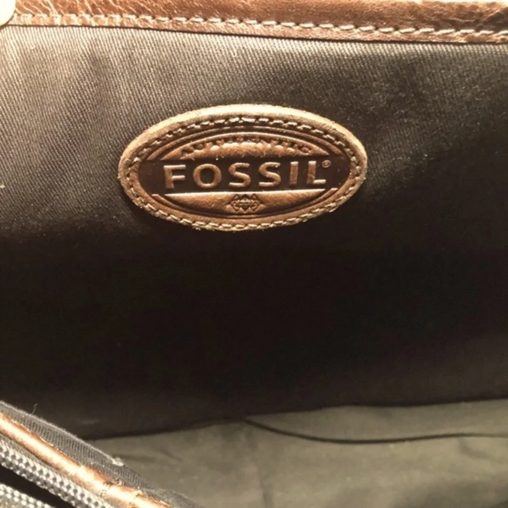 Fossil Brown Leather Briefcase Messenger Travel Crossbody Bag Double handle